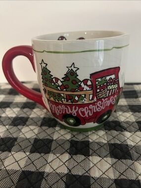 Holiday Red Ceramic Mug with Merry Christmas Truck Design